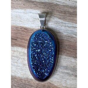 Blue Druzy Obsidian Pendant Sterling Silver Oval Jewelry 33.57g